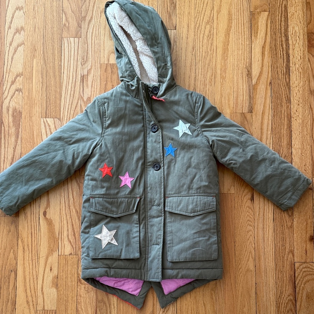 Boden 5/6 Green Hooded Jacket with Star Patch details, fleece lined great cond